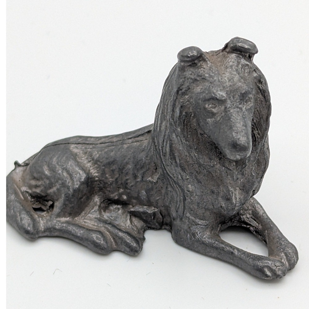 Vintage Miniature Pewter Collie‎ Dog Figurine Reclining Sheltie Metal 2oz